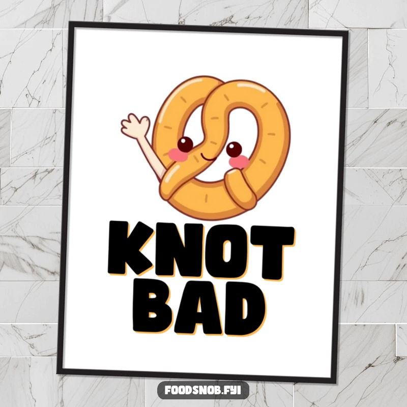 Funny pretzel digital art print of a delightful pretzel character waving its loop, perfect for instant humorous wall decor.