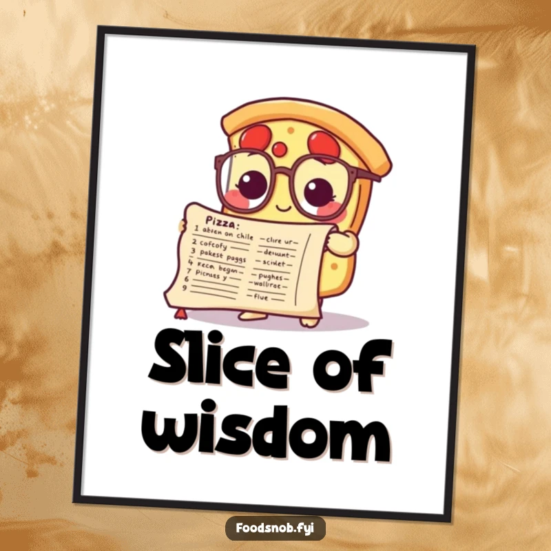 Funny digital art print of a cute pizza slice character in tiny glasses, studying a detailed recipe scroll, for intellectual decor.