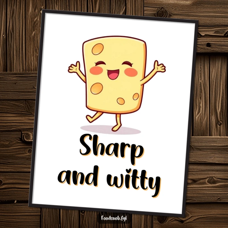 Funny digital art print of a smiling cheese slice doing a happy jig, offering instant humorous and cheese-themed wall decoration.