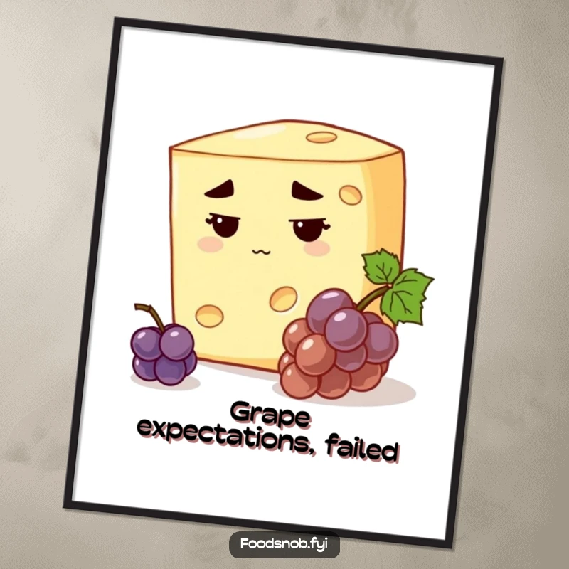 Funny stern cheese digital art print with a discerning cheese, stern expression, inspecting a tiny grape, witty humorous wall art file.