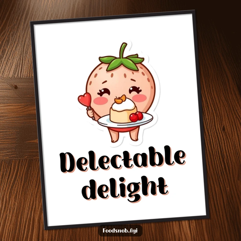 Funny blushing strawberry character proudly presenting a tiny, perfectly plated dessert, available as a digital art print.