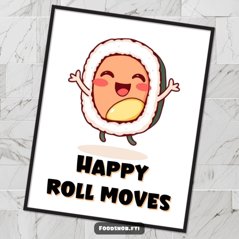 Funny digital art print, a cheerful sushi roll character doing a happy little dance, vibrant and joyful art.