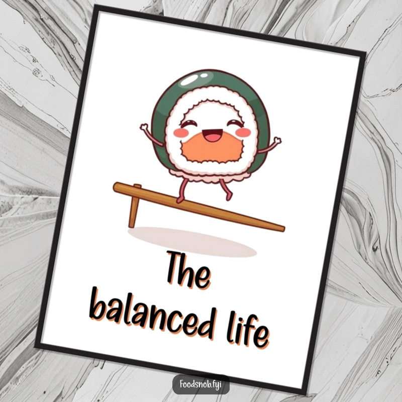 Funny digital art print of a piece of sushi with tiny legs dancing on a chopstick, ideal for humorous food-themed wall decor.