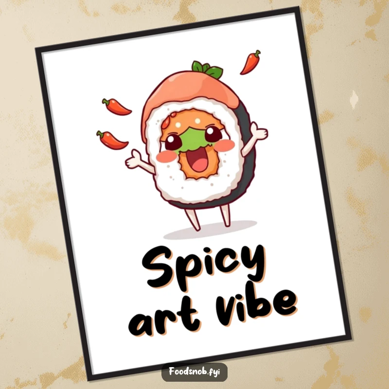 Funny digital art print of a happy sushi roll character juggling small chili peppers, offering immediate vibrant humor for your walls.