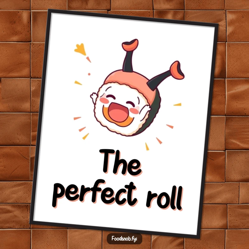 Funny Sushi Digital Art: A vibrant, high-resolution print of an overjoyed sushi piece performing a celebratory somersault, full of personality.