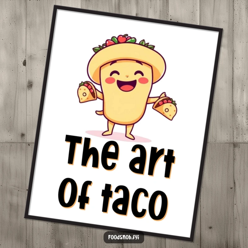 Funny digital art print of a smiling taco character juggling miniature tacos, ideal for humorous food-themed wall decor.