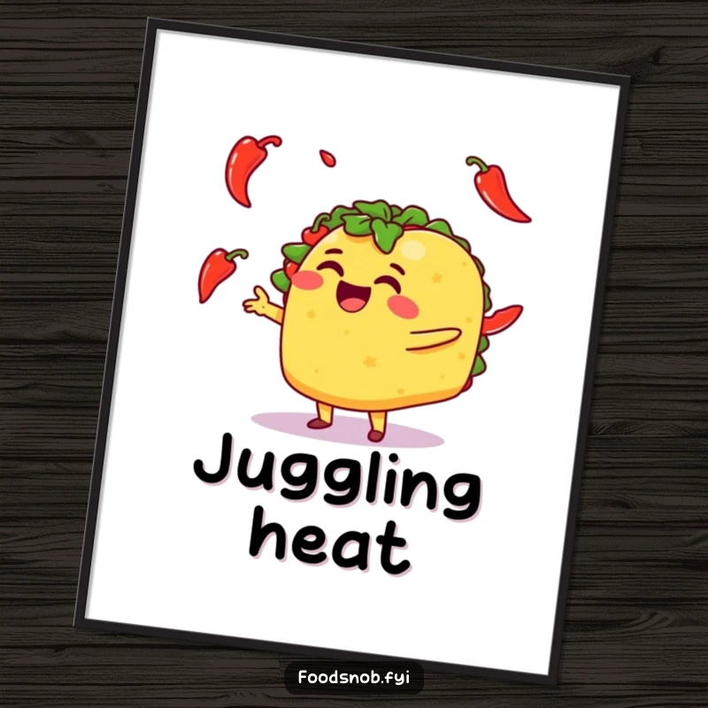 Funny digital art of a smiling taco character juggling spicy chili peppers, presented as a downloadable print.