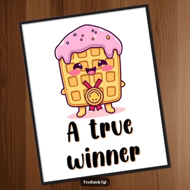Funny Digital Art Print: Smiling, proud waffle receiving a tiny medal, perfect for instant decor and humor, funny gift.