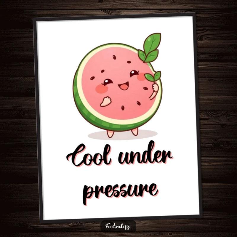 Funny digital art print of a smiling watermelon slice character fanning itself with a leaf, offering instant humorous wall decor.