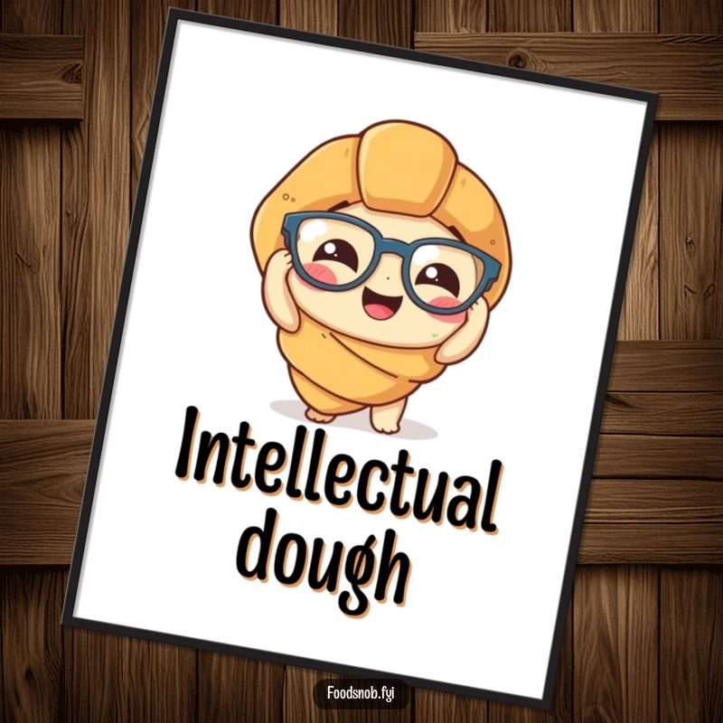 Funny Digital Art: A printable artwork of a giggling croissant humorously attempting to put on tiny spectacles, perfect for instant wall decor.
