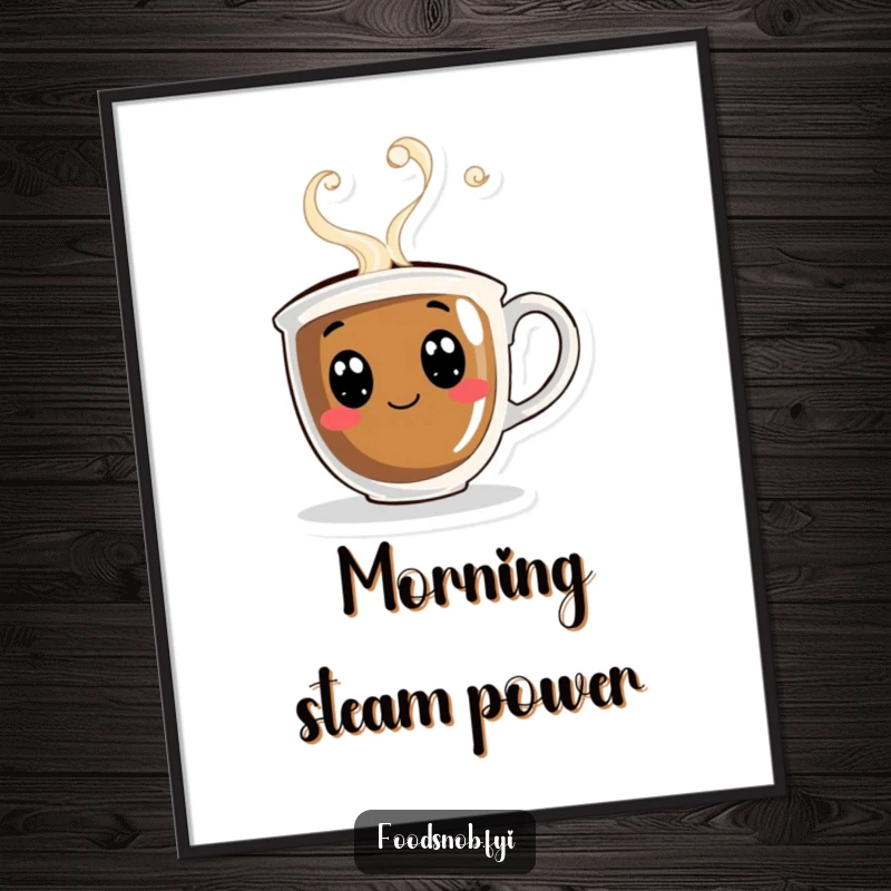Funny digital art print of a curious coffee cup with merry steam swirling, perfect for adding cozy ambiance.