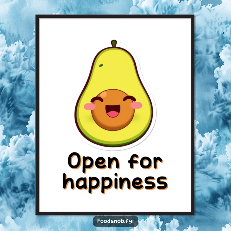 Funny digital art print of a smiling avocado character, pit as face, splitting open with infectious glee, for vibrant decor.