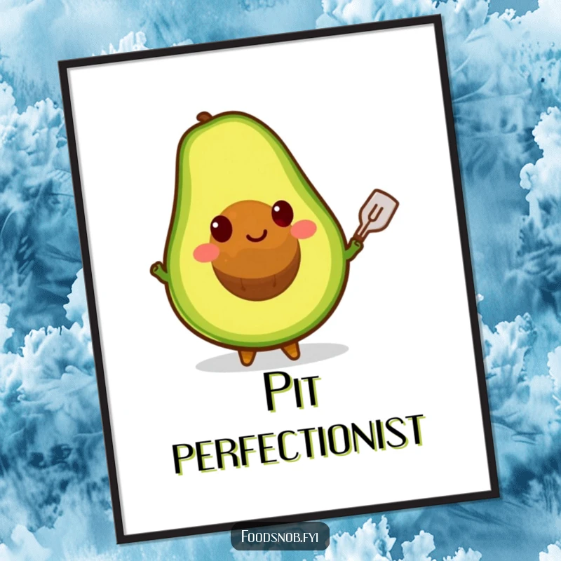 Funny digital art print of a smiling avocado character balancing its pit on a tiny spatula, perfect for kitchen decor.