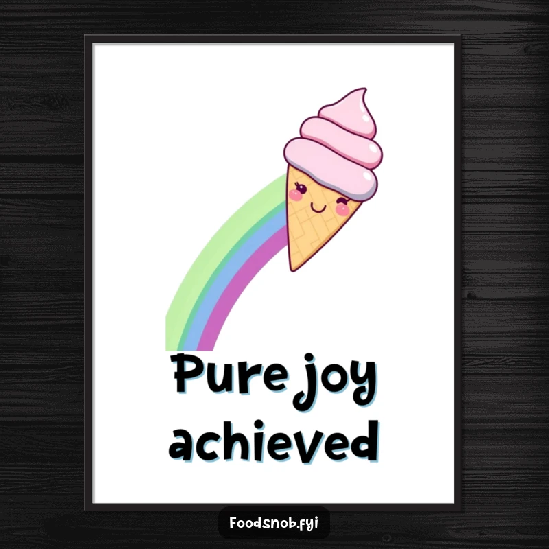 Funny digital art print of a smiling kawaii ice cream cone gleefully sliding down a rainbow, ready to add cheer to any space.