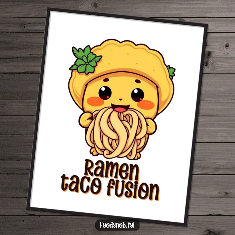 Funny taco noodle digital art print of a character happily slurping a giant noodle, celebrating food and fun.