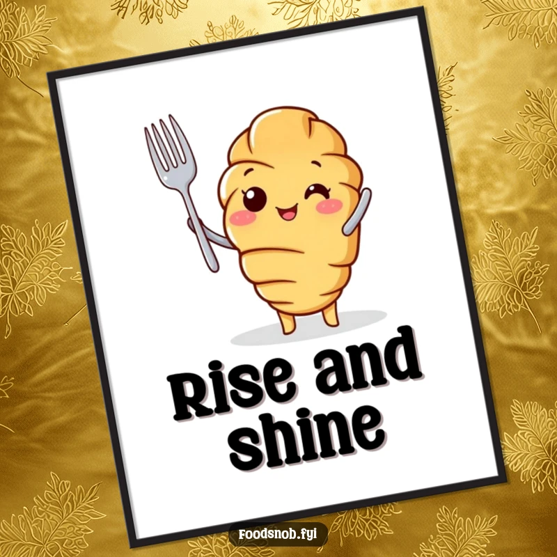 Funny Digital Art Print of a cheerful croissant character holding a tiny fork aloft with pride.