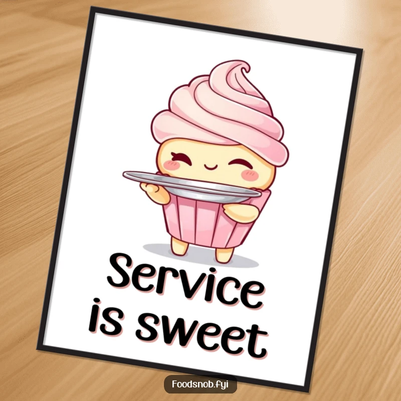 Funny digital art of a winking cupcake character holding a miniature silver platter. Instant sweet and whimsical decor for your space.