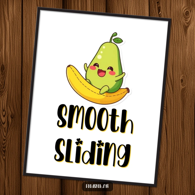Funny Avocado Digital Art Print: High-resolution art of a happy avocado character sliding down a banana peel, whimsical and humorous.