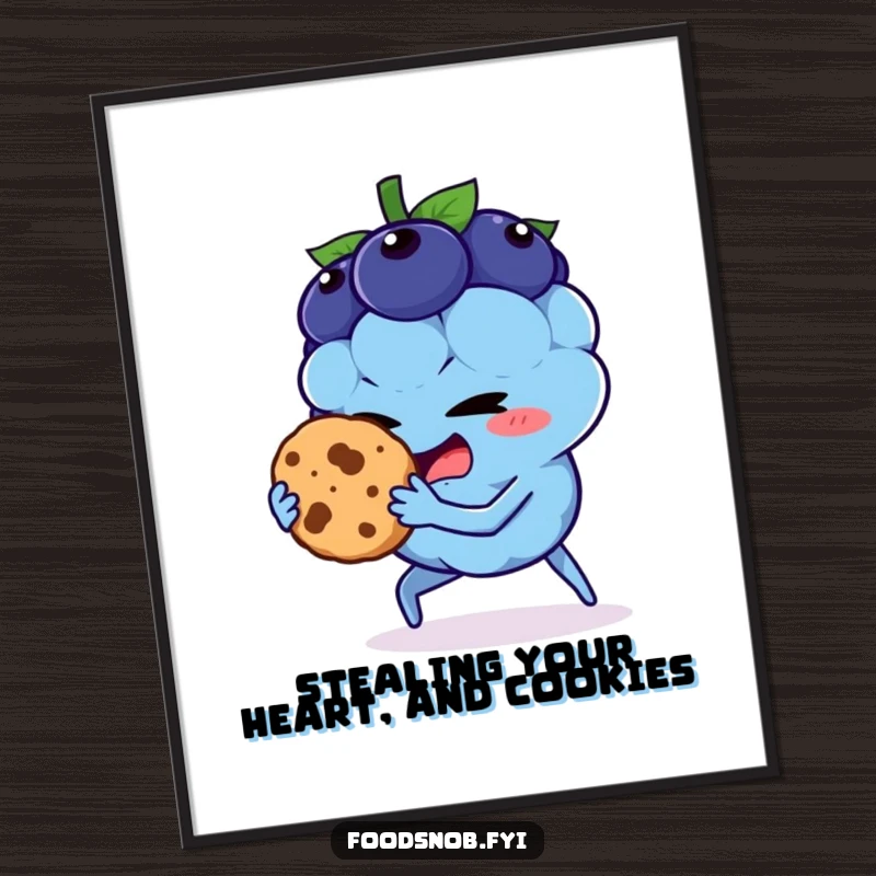 Funny digital art print of a blueberry character caught stealing a cookie, perfect for humorous home decor.
