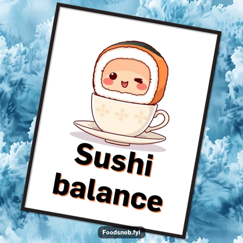 Funny Digital Art Print of a smiling sushi slice precariously balancing a tiny teacup, capturing a moment of delicate, humorous effort.