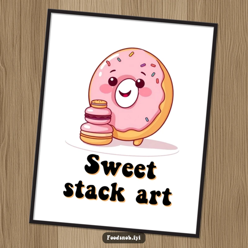 Funny digital art print of a smiling donut character with sprinkles attempting to perfectly stack tiny macarons, capturing sweet effort.