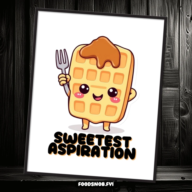 Funny digital art print of a cheerful waffle character pointing upwards with a tiny fork, perfect for sunny decor.