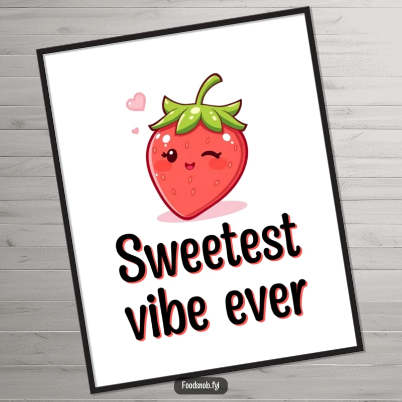 Funny digital art print of a bubbly strawberry winking with sugar, ideal for instant humor and cheerful decor.
