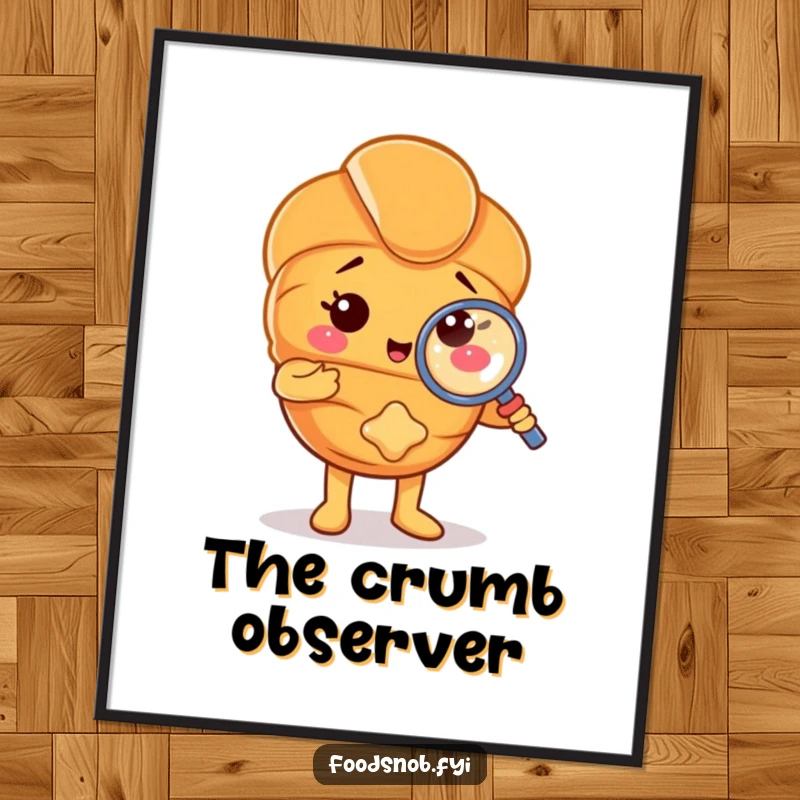 Funny digital art of a proud croissant character examining a small crumb with a magnifying glass. Instant whimsical pastry decor for your space.
