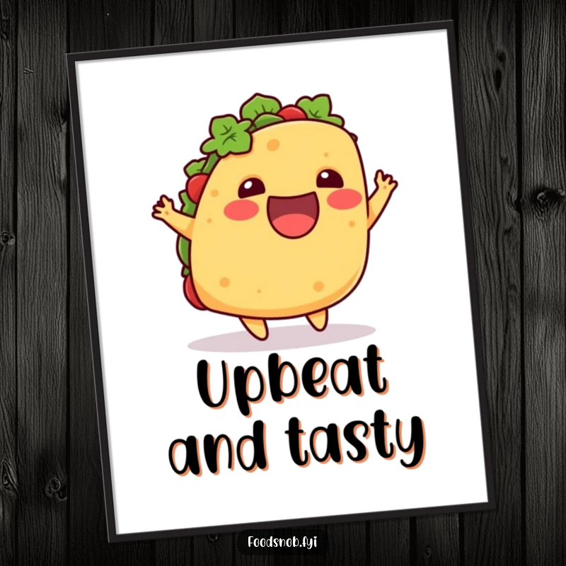 Funny digital art print of an excited taco doing a playful little hop upwards, offering instant humorous and food-themed wall decoration.