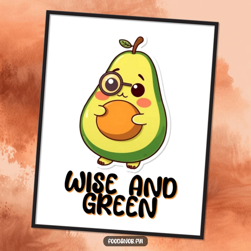 Funny digital art print, a plump avocado with a small monocle, looking thoughtful, sophisticated and humorous wall art.