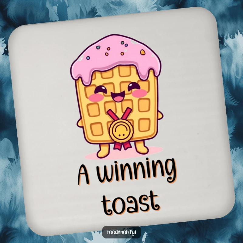 Funny Coaster Set: A proud waffle receiving a tiny medal, protecting surfaces with humorous celebration, funny gift.