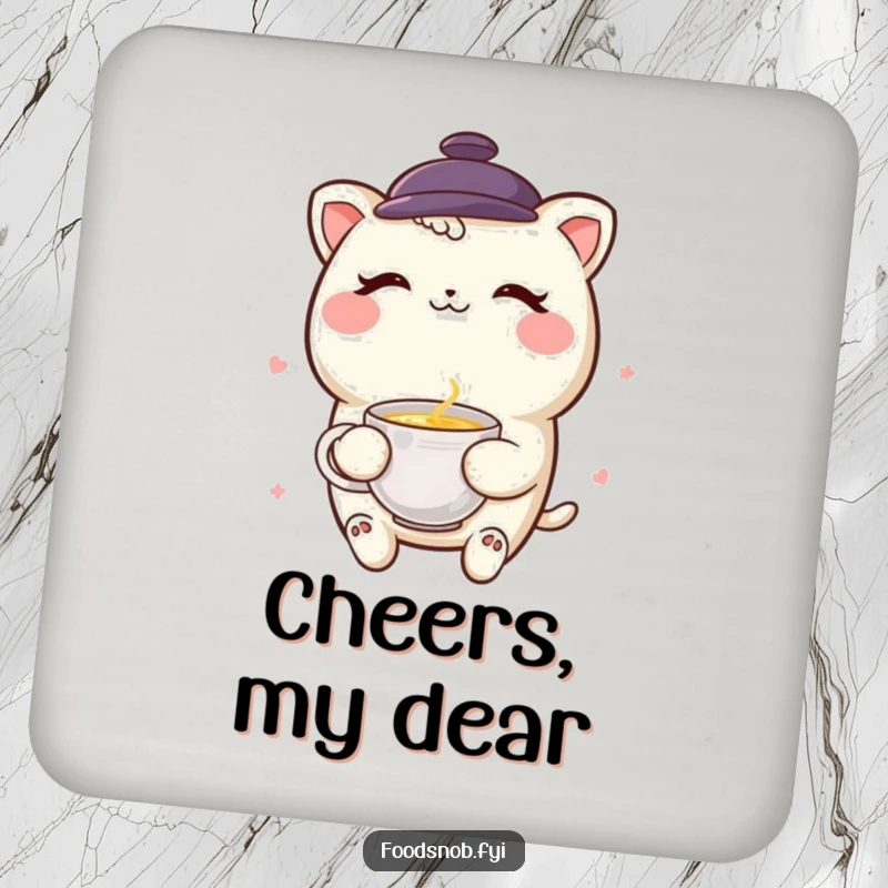 Funny smiling boba tea character winking with a miniature teacup on a playful drink coaster.