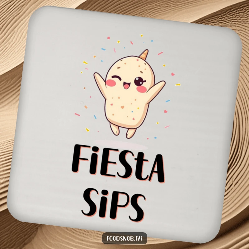 Funny Kawaii burrito drink coaster, a winking burrito leaping upwards, showering confetti, protecting surfaces with adorable humor.