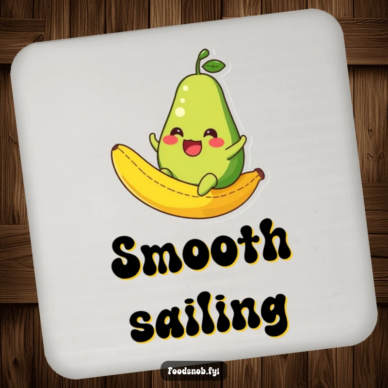Funny Avocado Coaster: A coaster showcasing a laughing avocado character sliding down a banana peel, adding a humorous touch to tables.