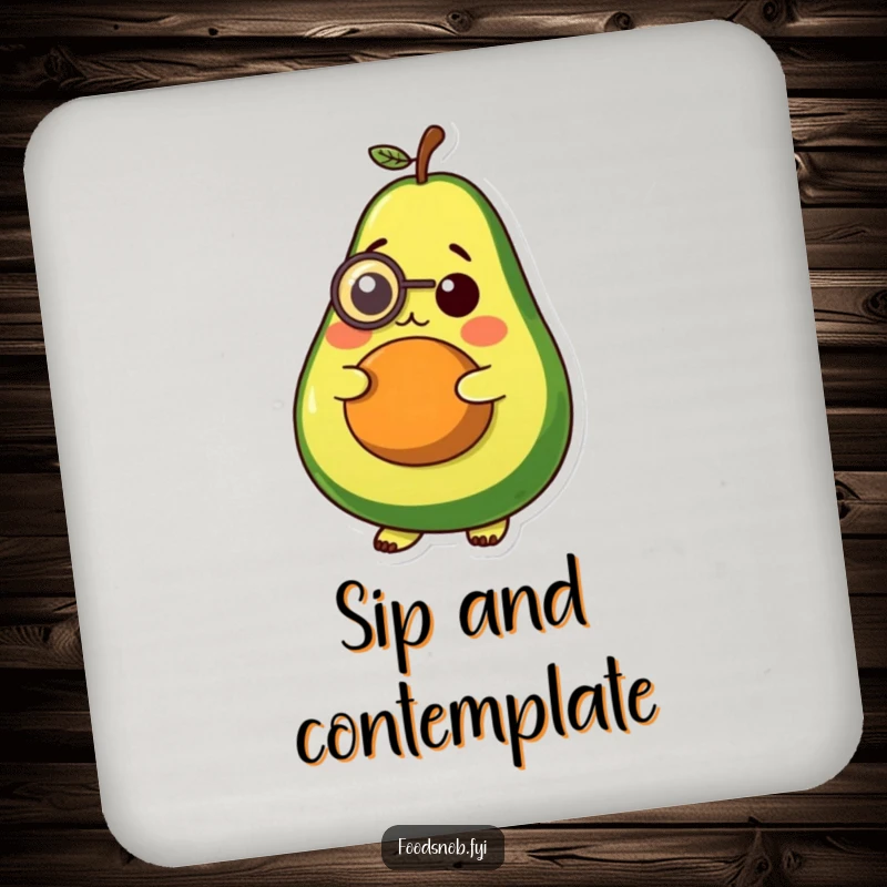 Funny drink coaster, a plump avocado character wearing a tiny monocle, thoughtful expression, protects surfaces.