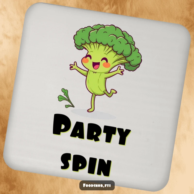 Funny drink coaster featuring a joyful broccoli character attempting a cartwheel, offering humorous protection and a reminder of the beauty in effort.