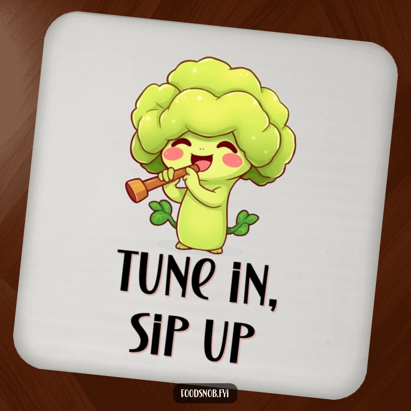 Funny drink coaster with a happy broccoli sprout character playing a tiny flute, protecting surfaces with humor. A cute veggie accessory.