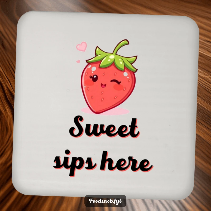 Funny drink coasters featuring a bubbly strawberry winking with sugar, adding humor and protection to tables.