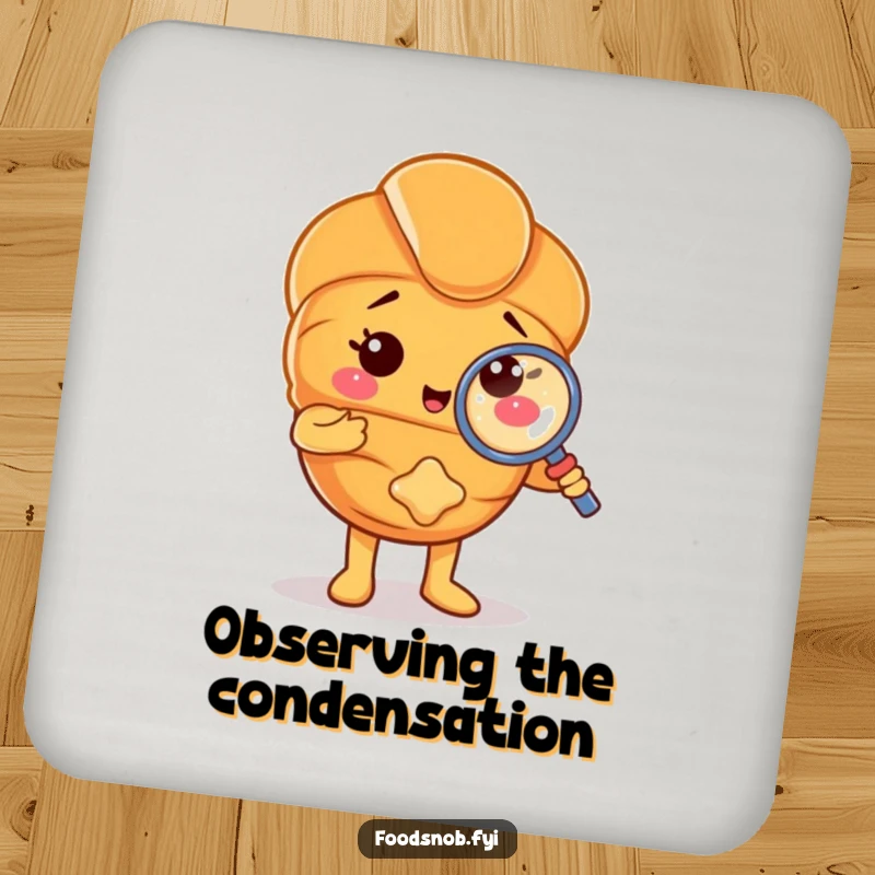 Funny drink coaster with a croissant character examining a tiny crumb with a magnifying glass, offering protection with humor. A cute pastry accessory.