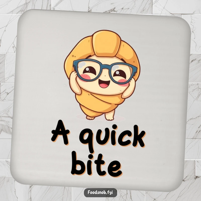 Funny Coaster: A small, protective coaster featuring a giggling croissant hilariously attempting to wear tiny spectacles, adding humor to drinks.