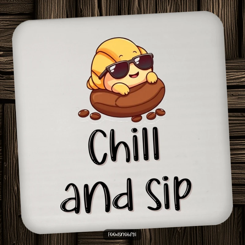 Funny Croissant Coaster: A coaster showcasing a smiling croissant with sunglasses lounging on a coffee bean, adding cool humor to tables.