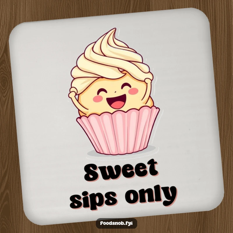 Funny coasters designed with a smiling cupcake character frosting a larger cupcake, adding a sweet and humorous touch to drink protection.