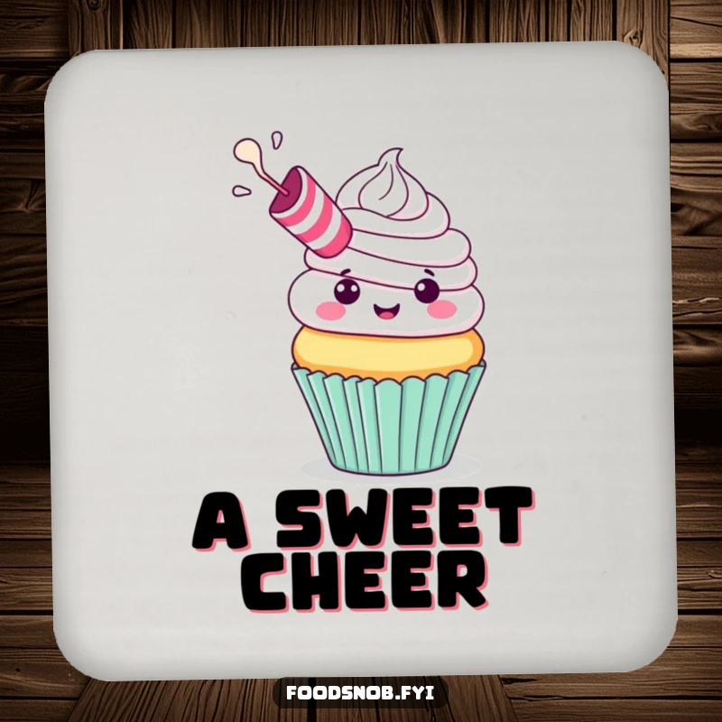Funny Coaster Set: A cheerful cupcake with a party blower exhaling frosting, protecting surfaces with festive humor, funny gift.