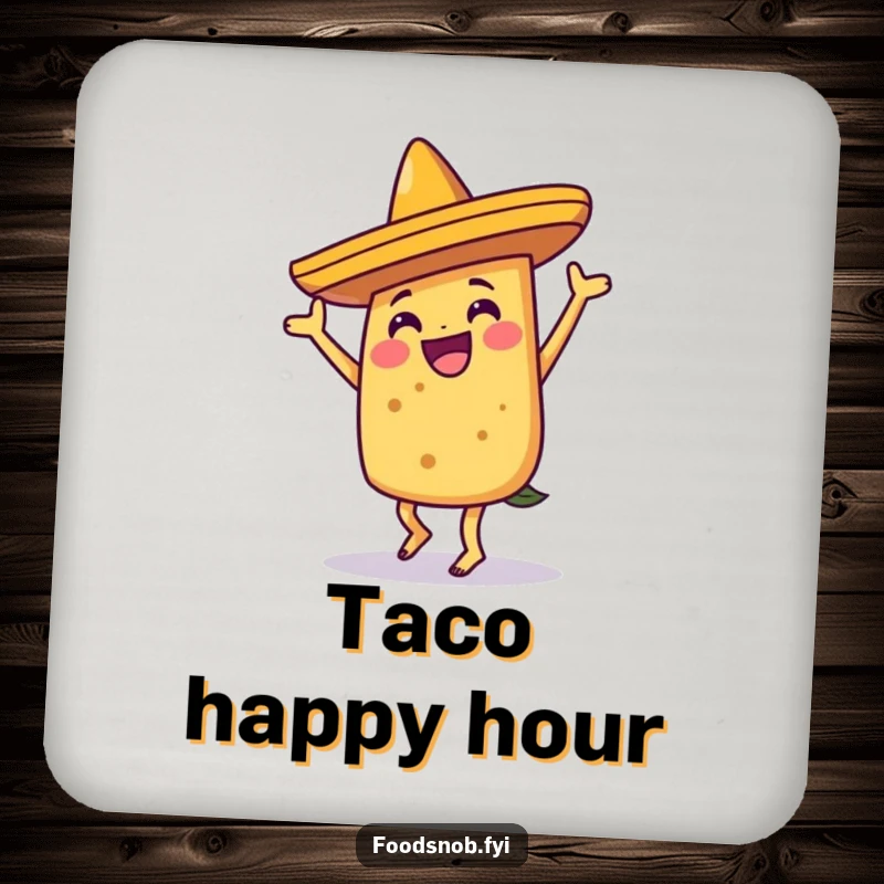 Funny joyful taco character dancing with a sombrero design on this protective and humorous drink coaster.