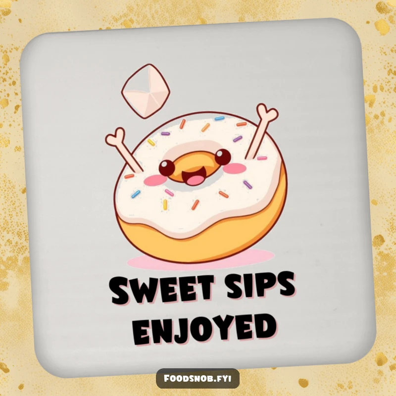 Funny Coaster Set: A jubilant donut with sprinkles tossing a sugar cube, protecting surfaces with sweet humor, funny gift.