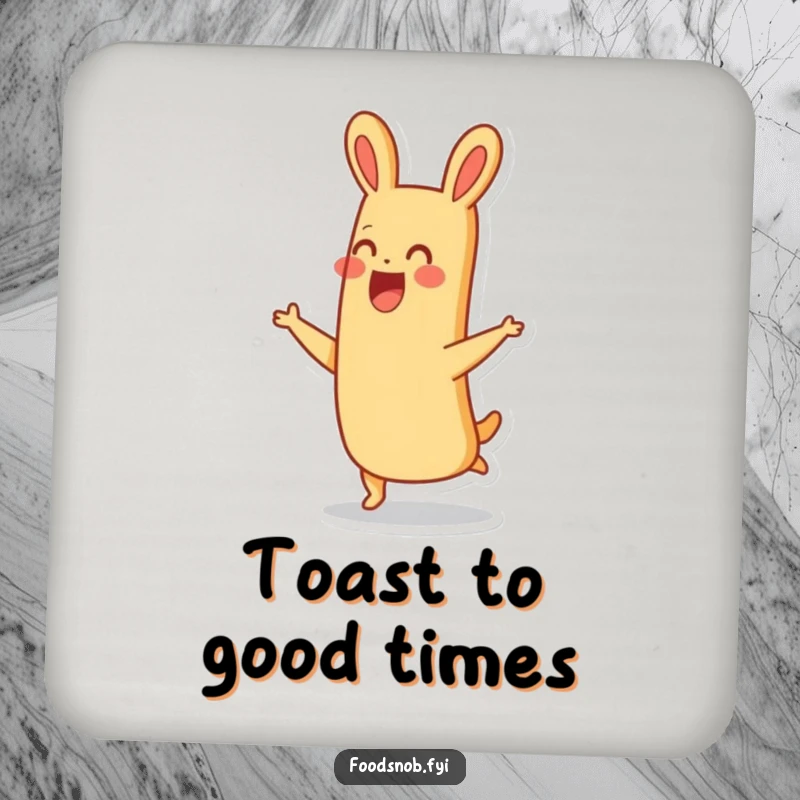 Funny thrilled baguette character joyfully hopping with a smile design on this protective and humorous drink coaster.
