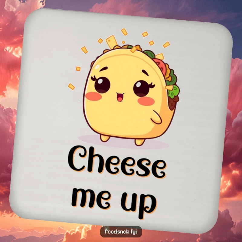 Funny drink coaster featuring a surprised kawaii taco showered with tiny cheese shreds, protecting surfaces with whimsical charm.