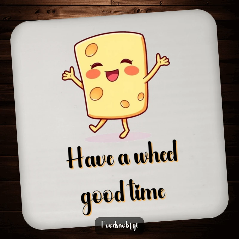 Funny drink coaster featuring a smiling cheese slice doing a happy jig, adding a humorous and cheese-themed touch to any table.