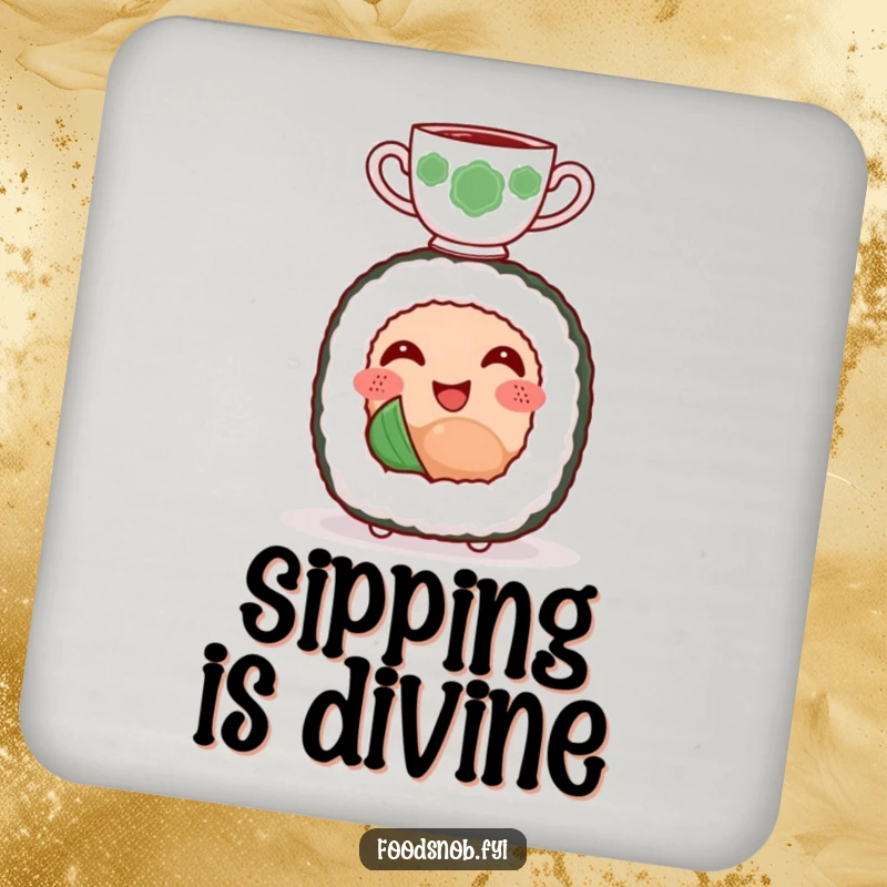 Funny drink coasters with a smiling sushi roll character happily balancing a tiny teacup on its head.