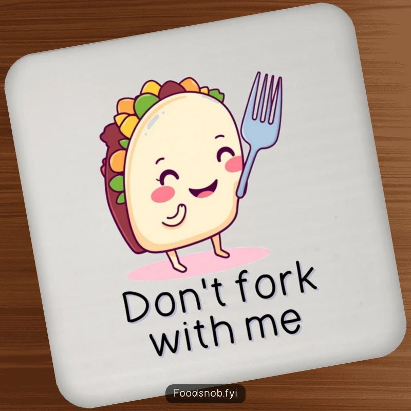 Funny taco coaster with a smiling taco on tiny legs, nose-critiquing a small fork, excellent humorous housewarming gift.